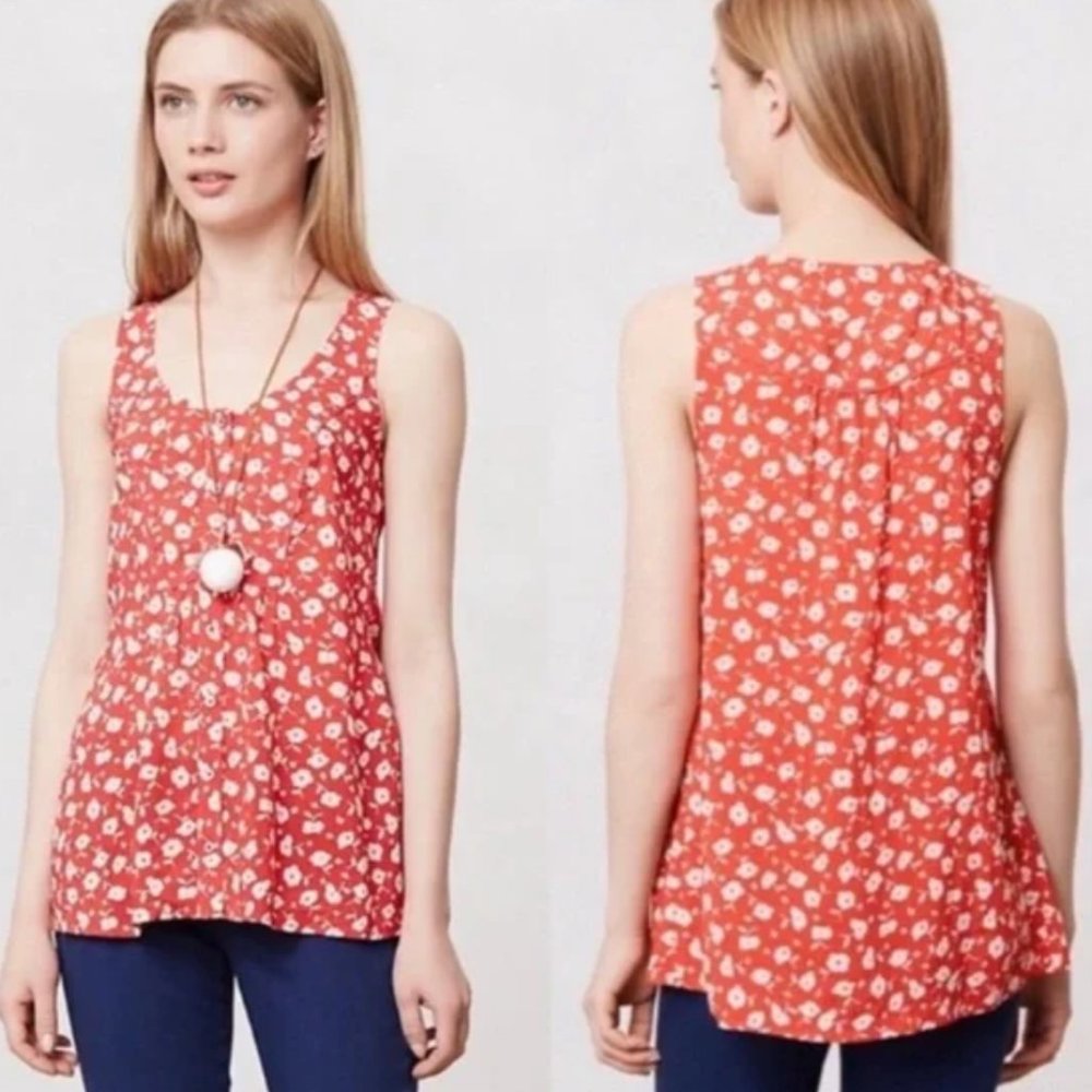 Maeve for Anthro Ardmore Swing Red & White Floral Button-Front Tank